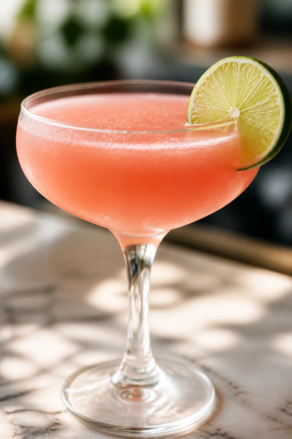 Guava daiquiri in a coupe glass with lime garnish.