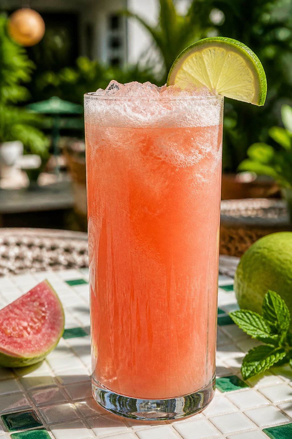 Guava gin fizz in a highball glass on an outdoor patio