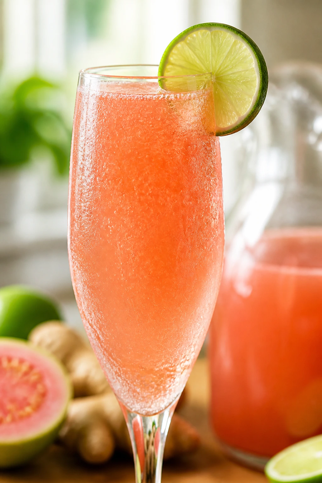 Close-up of Guava Ginger Sparkler in a flute with lime garnish on a sunlit kitchen counter