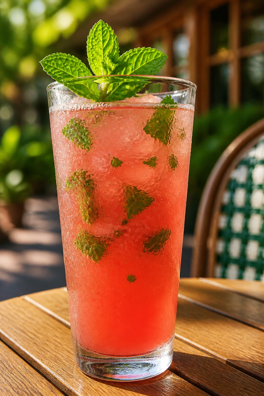 Close-up of guava mint lemonade with a mint sprig on a sunny outdoor table