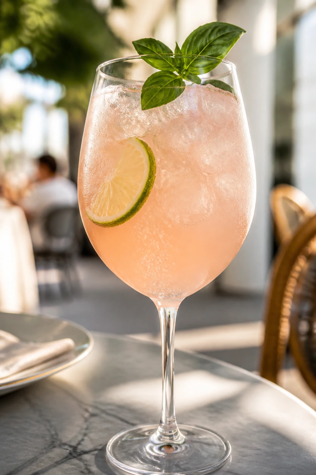 Close-up of Guava Prosecco Cooler with basil garnish in a wine glass on a sunlit cafe terrace