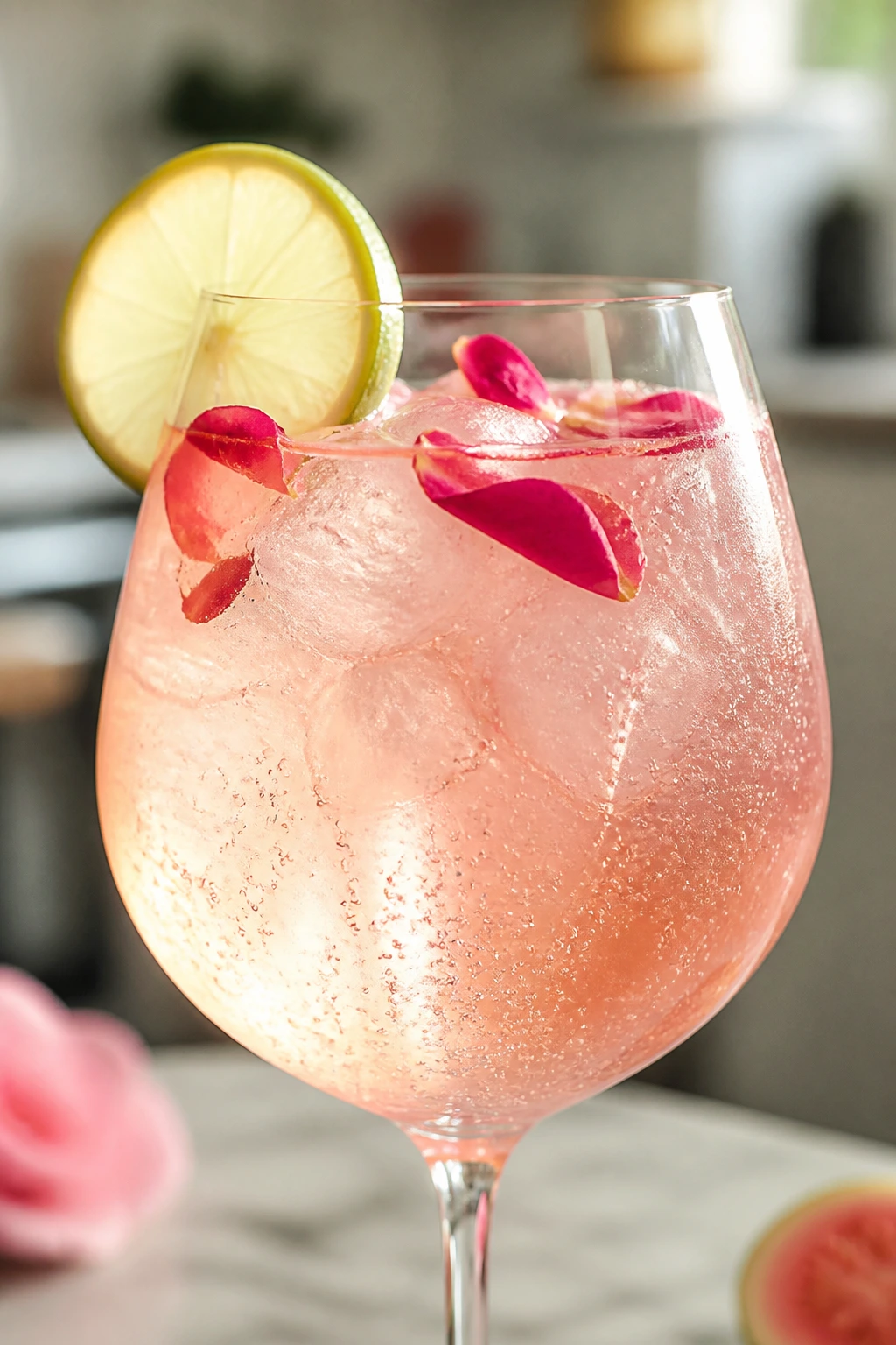Guava rose spritz in a stemmed glass with lime and rose petals
