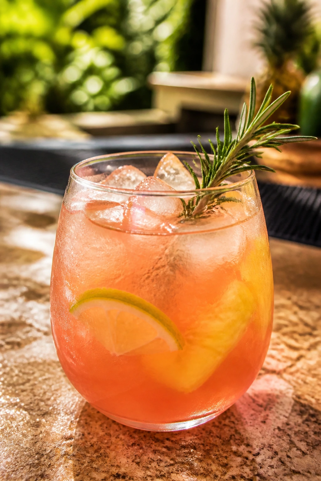 Close-up of Guava-Rosemary Rum Punch in a glass with a rosemary sprig on a sunlit outdoor bar