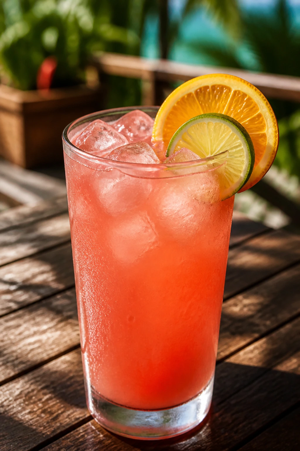 Close-up of a glass of guava rum punch with ice and citrus garnish on a sunlit table