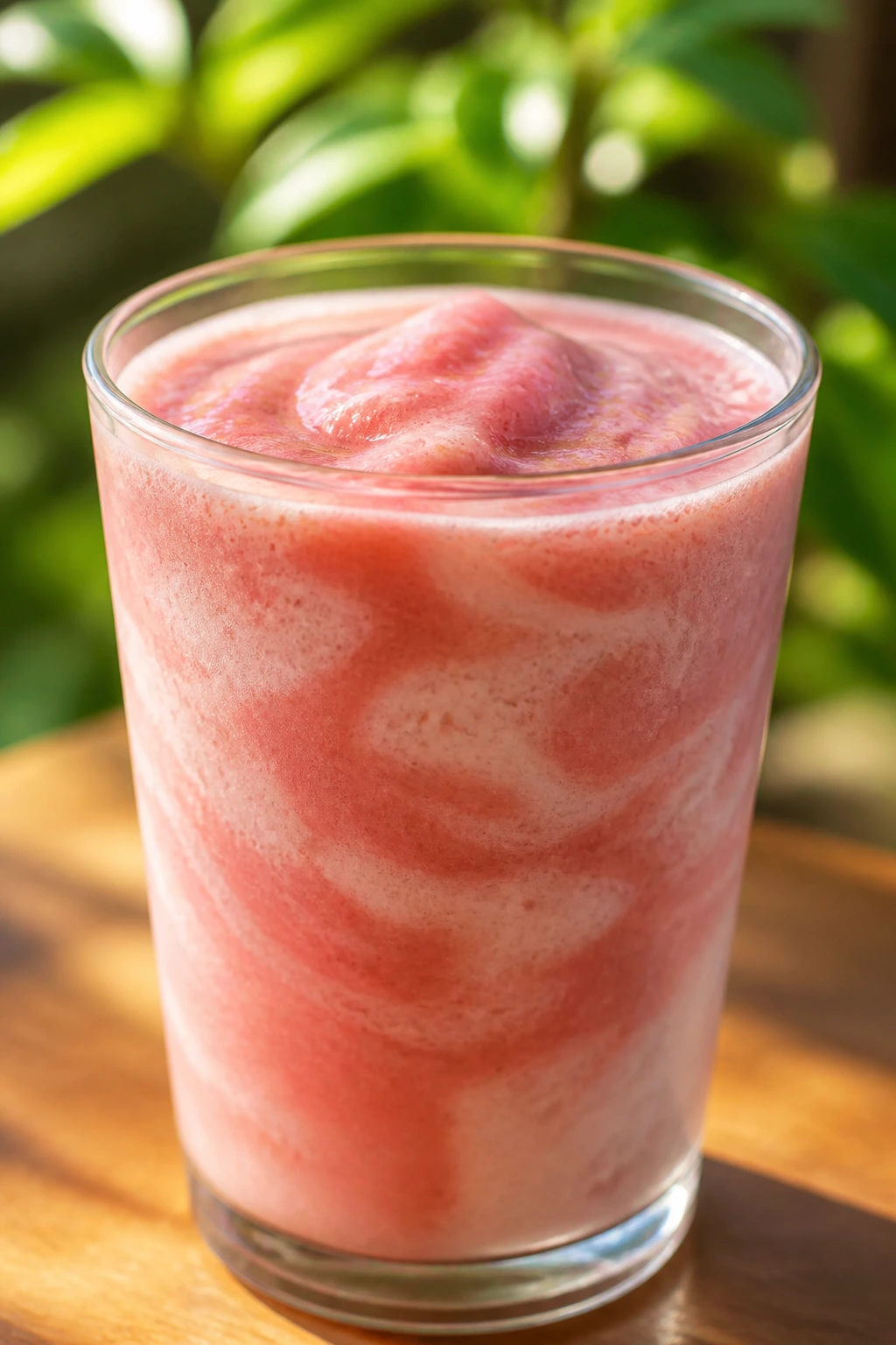 Guava Strawberry Swirl smoothie in glass with pink swirl on sunny outdoor setting.