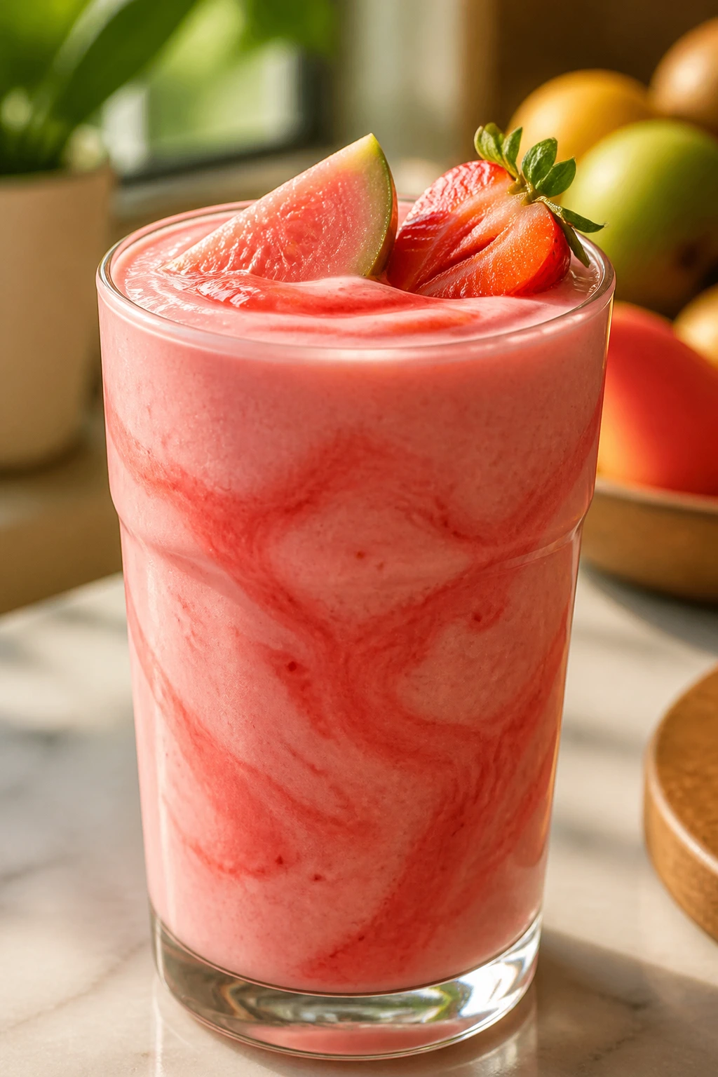 Pink Guava Strawberry Swirl Smoothie with coral swirl in a glass