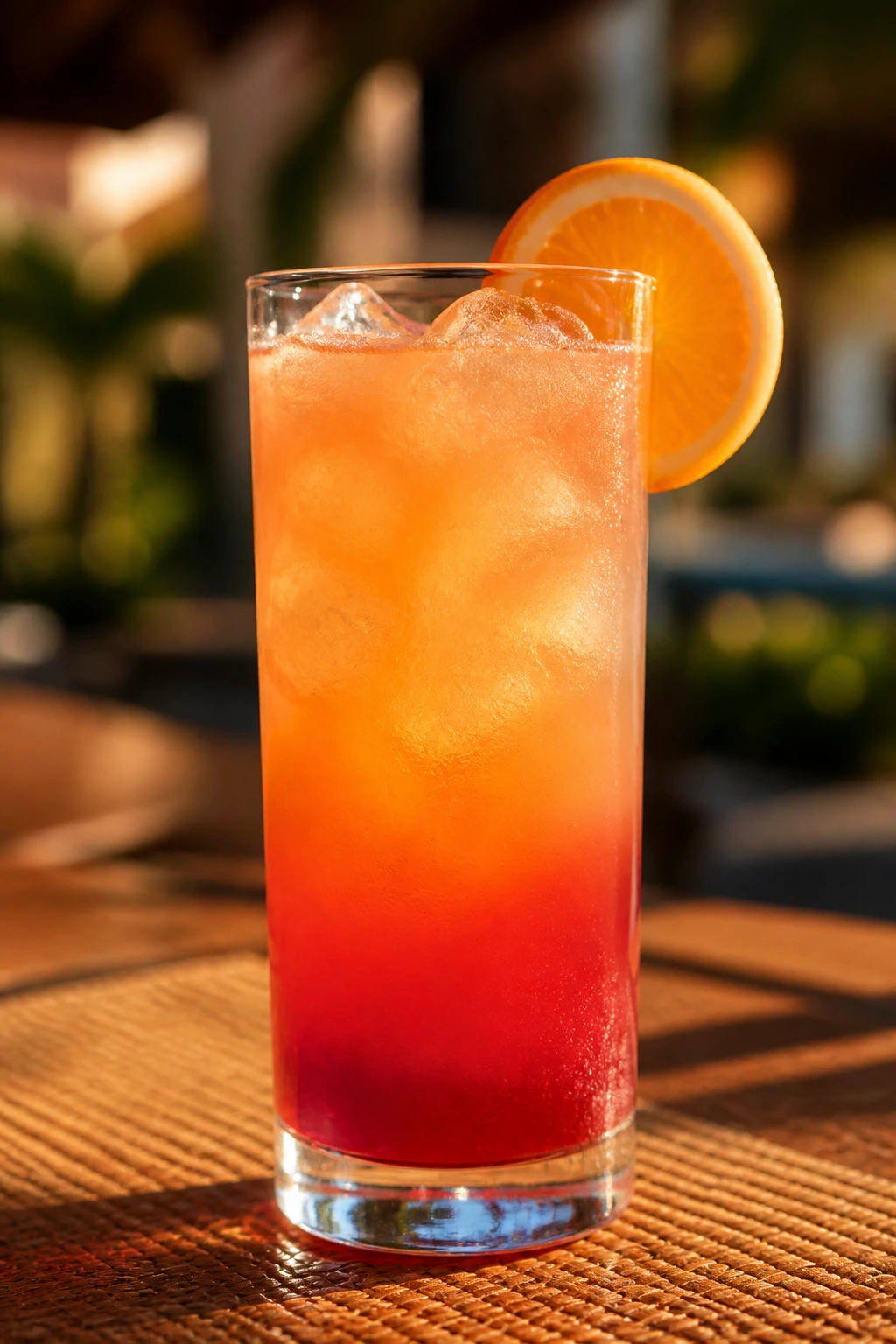 Layered guava tequila sunset in a glass with orange garnish