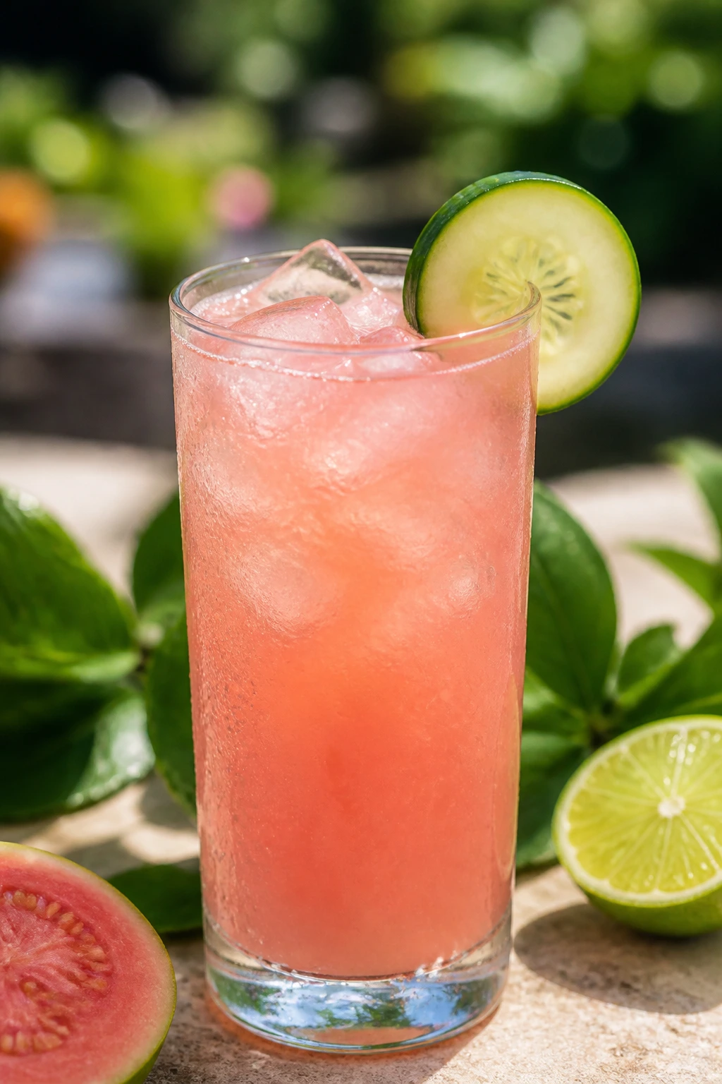 Guava lime vodka cooler in highball glass with cucumber garnish on sunny patio