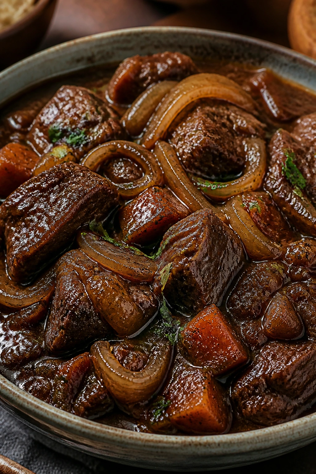 Guinness beef and onion stew in a rustic bowl