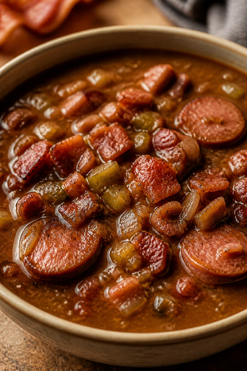 Gumbo with smoked sausage and bacon in a bowl