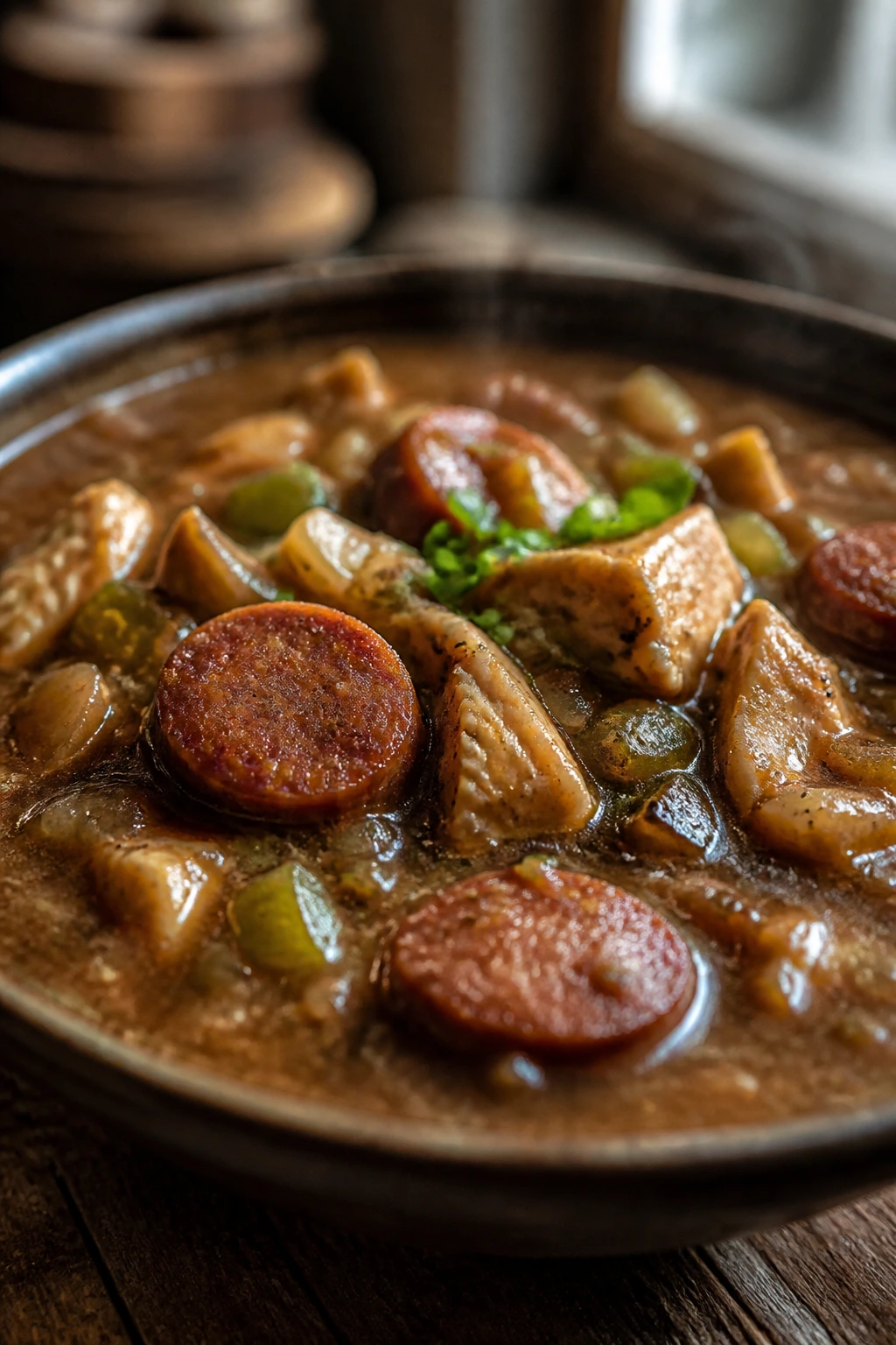 Close-up of chicken and sausage gumbo in a bowl with visible meat in a warm kitchen