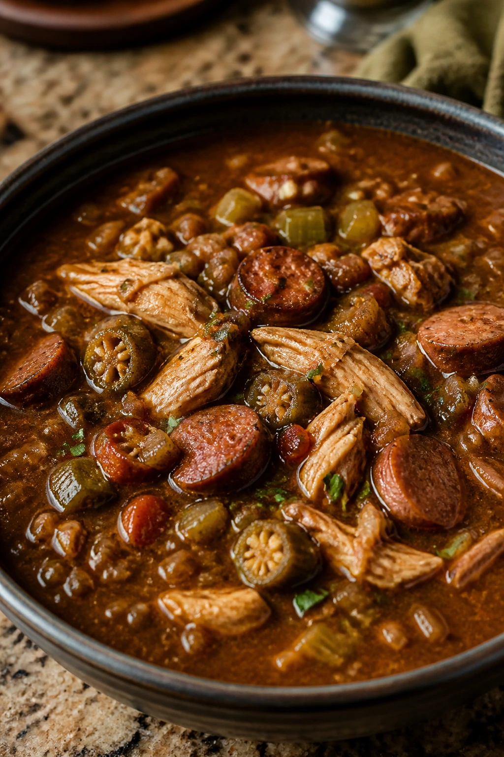 Dark gumbo with chicken, sausage, and okra in a bowl