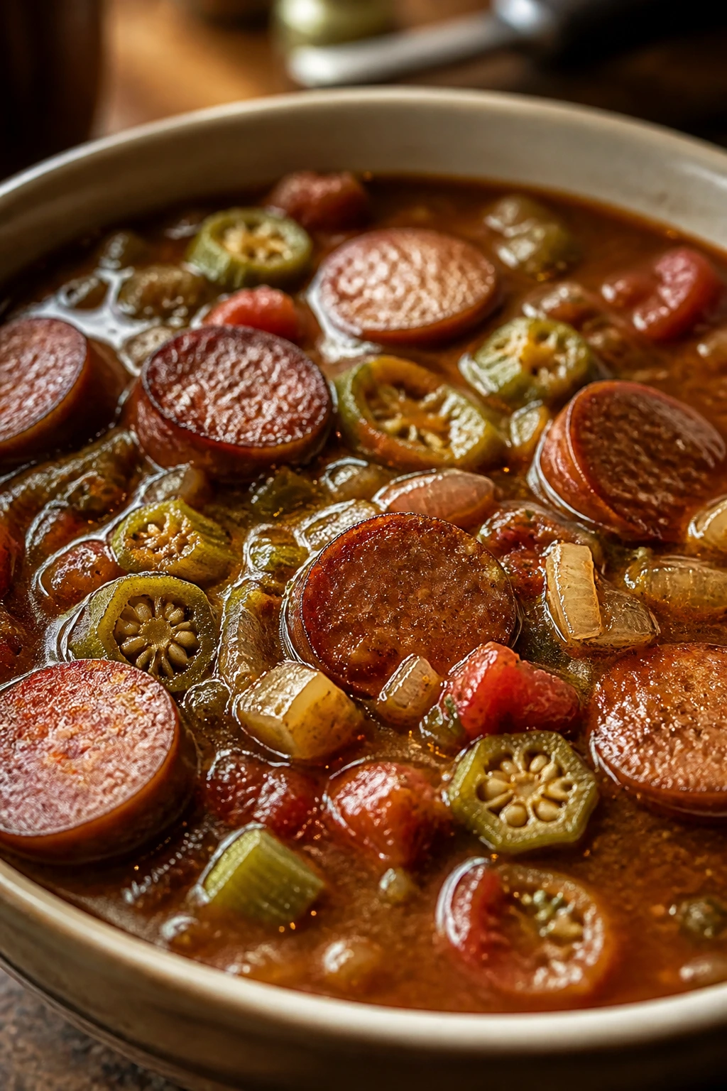 Close-up of gumbo-style stew with sausage and okra in a bowl.