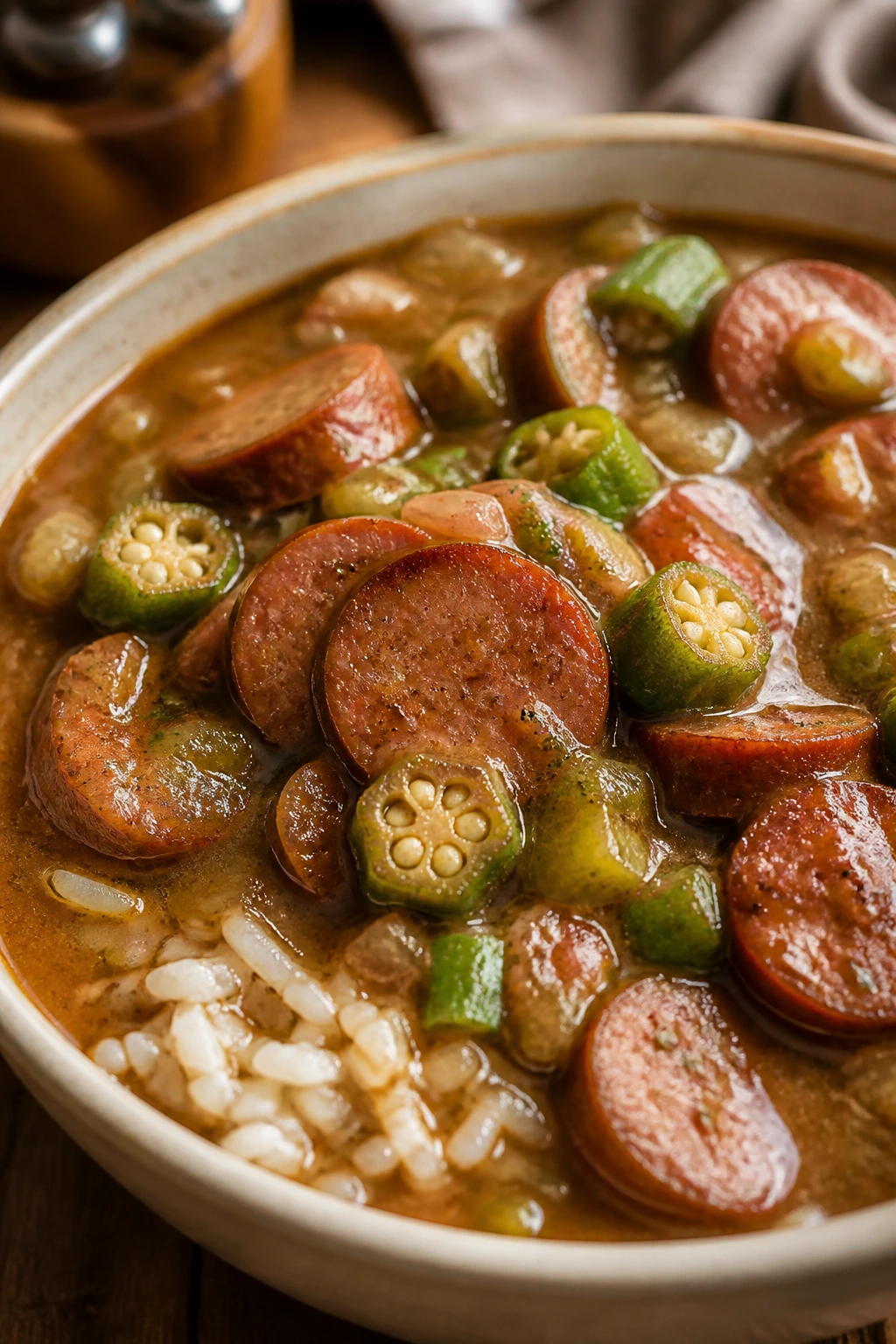 Bowl of smoky sausage gumbo with okra over rice.