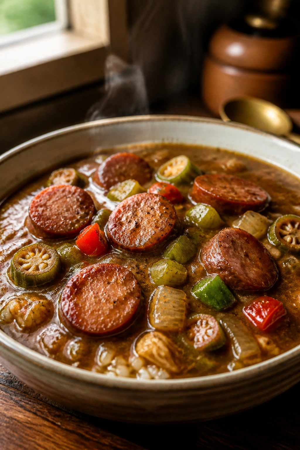 Steaming bowl of smoky gumbo-style stew with andouille and okra.