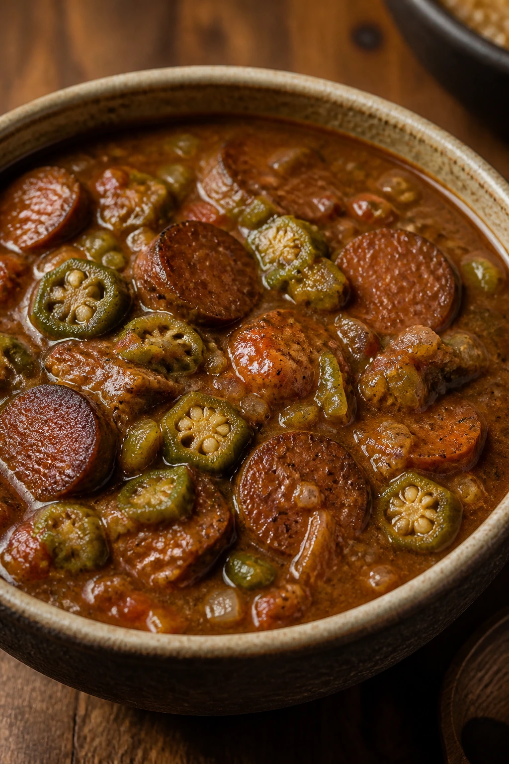 Gumbo-style sausage stew with okra in a rustic bowl