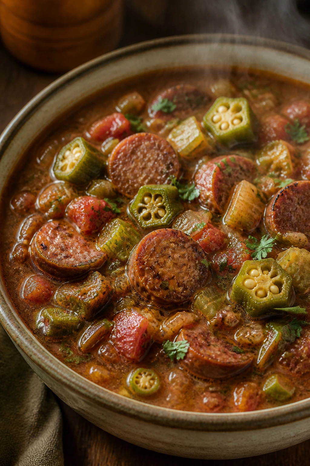 Bowl of smoky sausage gumbo with okra and tomatoes