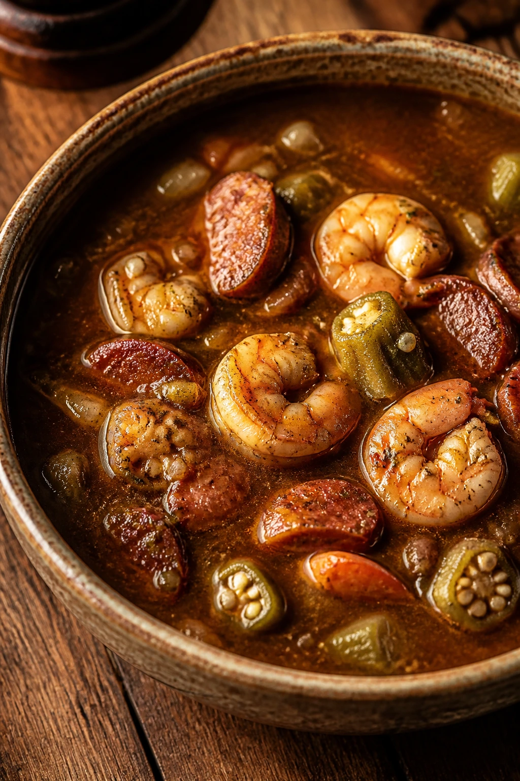 Close-up of Shrimp and Andouille Gumbo-Style Soup in a rustic bowl