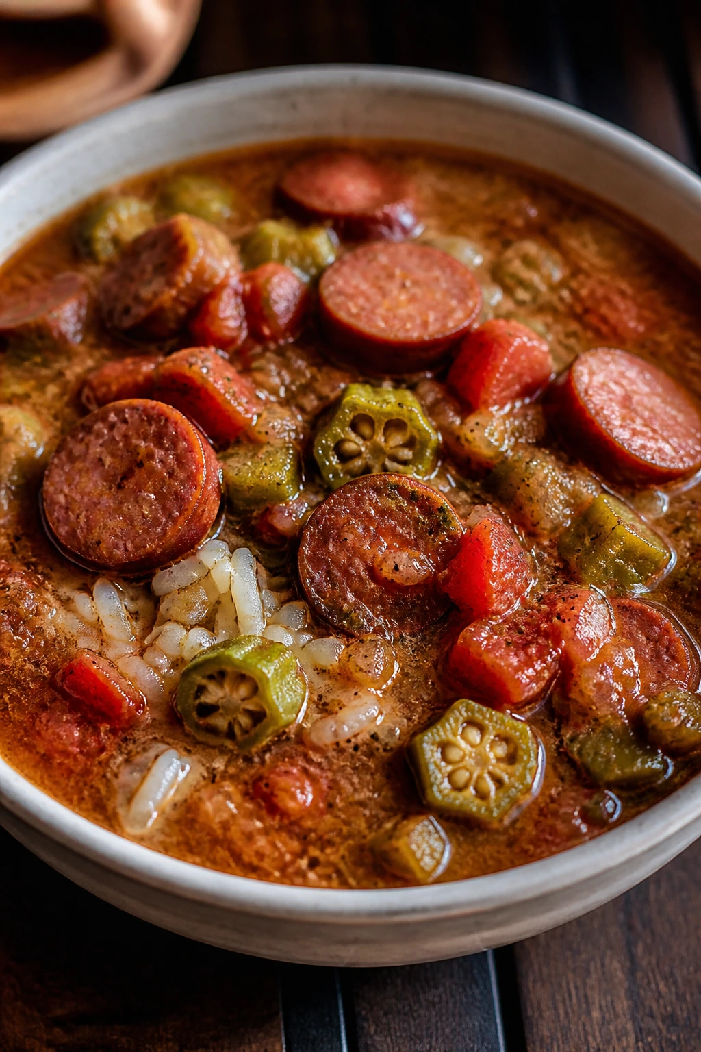 Bowl of gumbo-inspired smoked sausage stew with okra and tomatoes