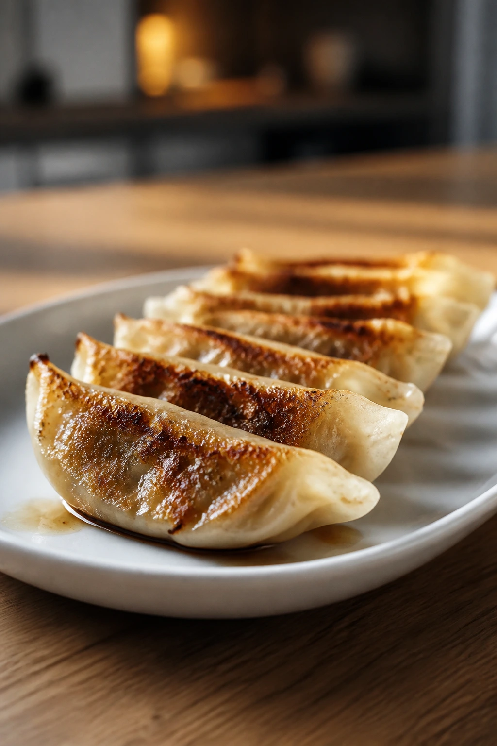 Close-up of pan-seared gyoza potstickers on a plate with golden bottoms