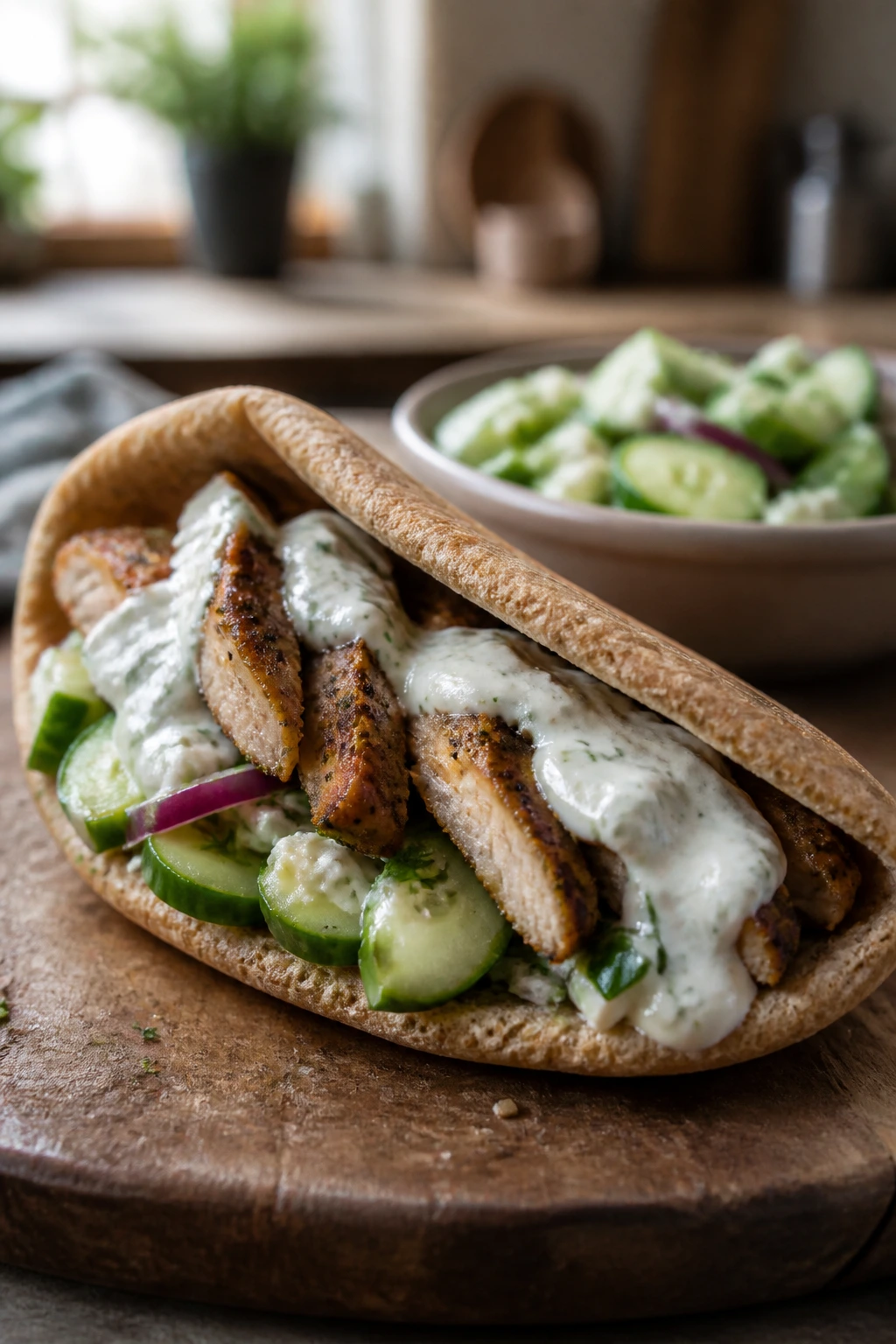 Close-up of a pita filled with gyro chicken and cucumber salad