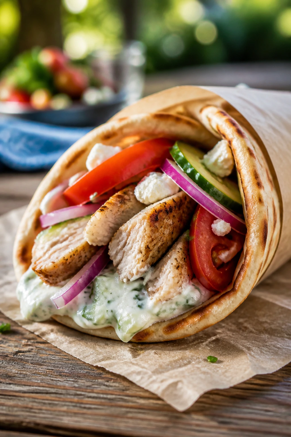 Pita gyro with chicken tzatziki and veggies