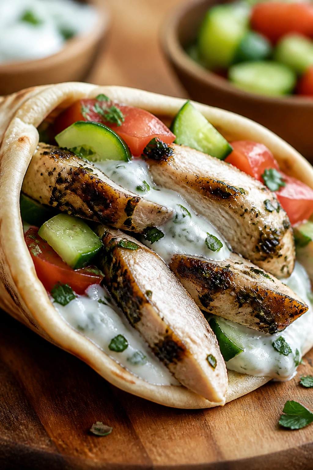 Gyro meat in a pita with cucumber and tomato in a warm kitchen