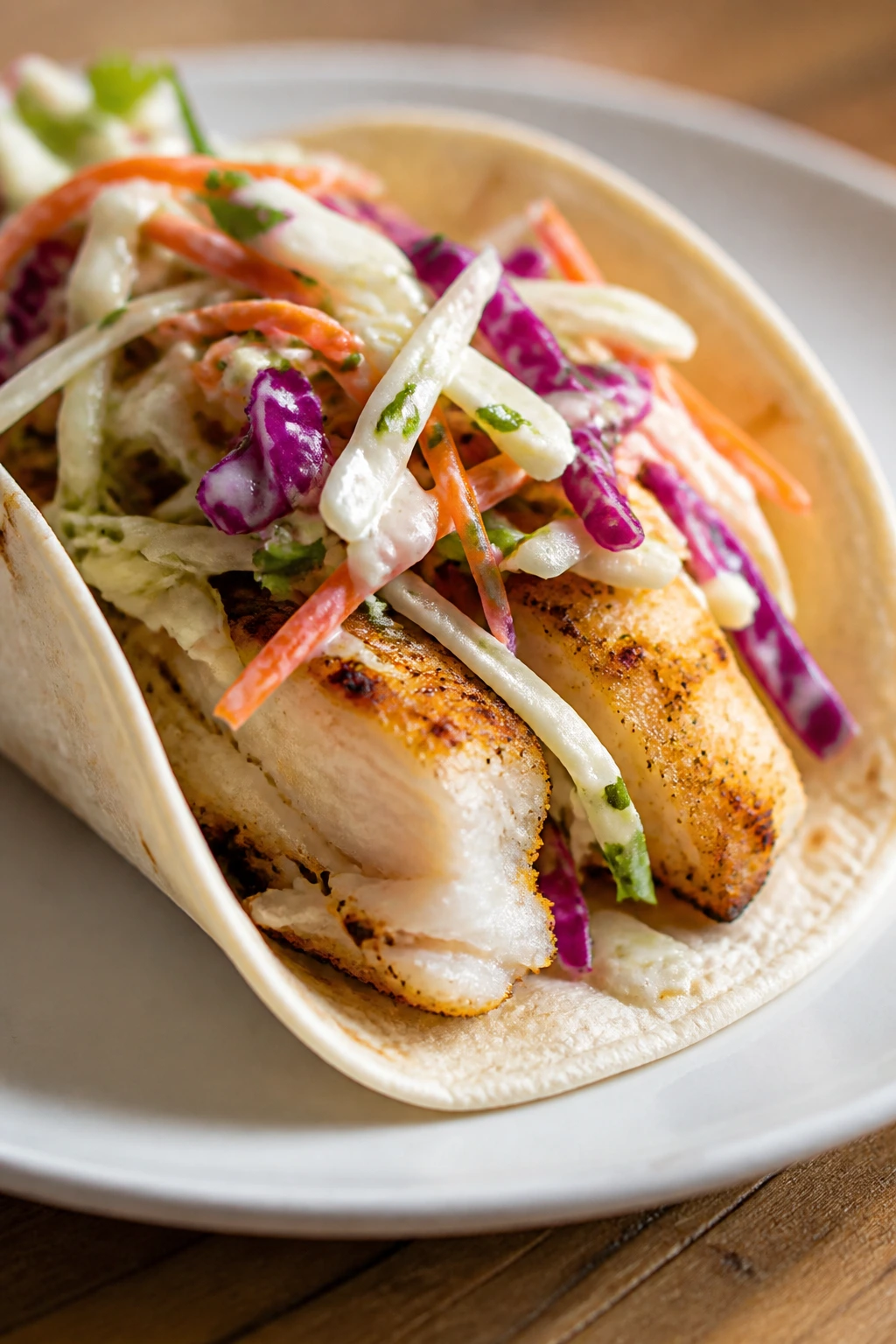 Close-up of a haddock fish taco with slaw on plate