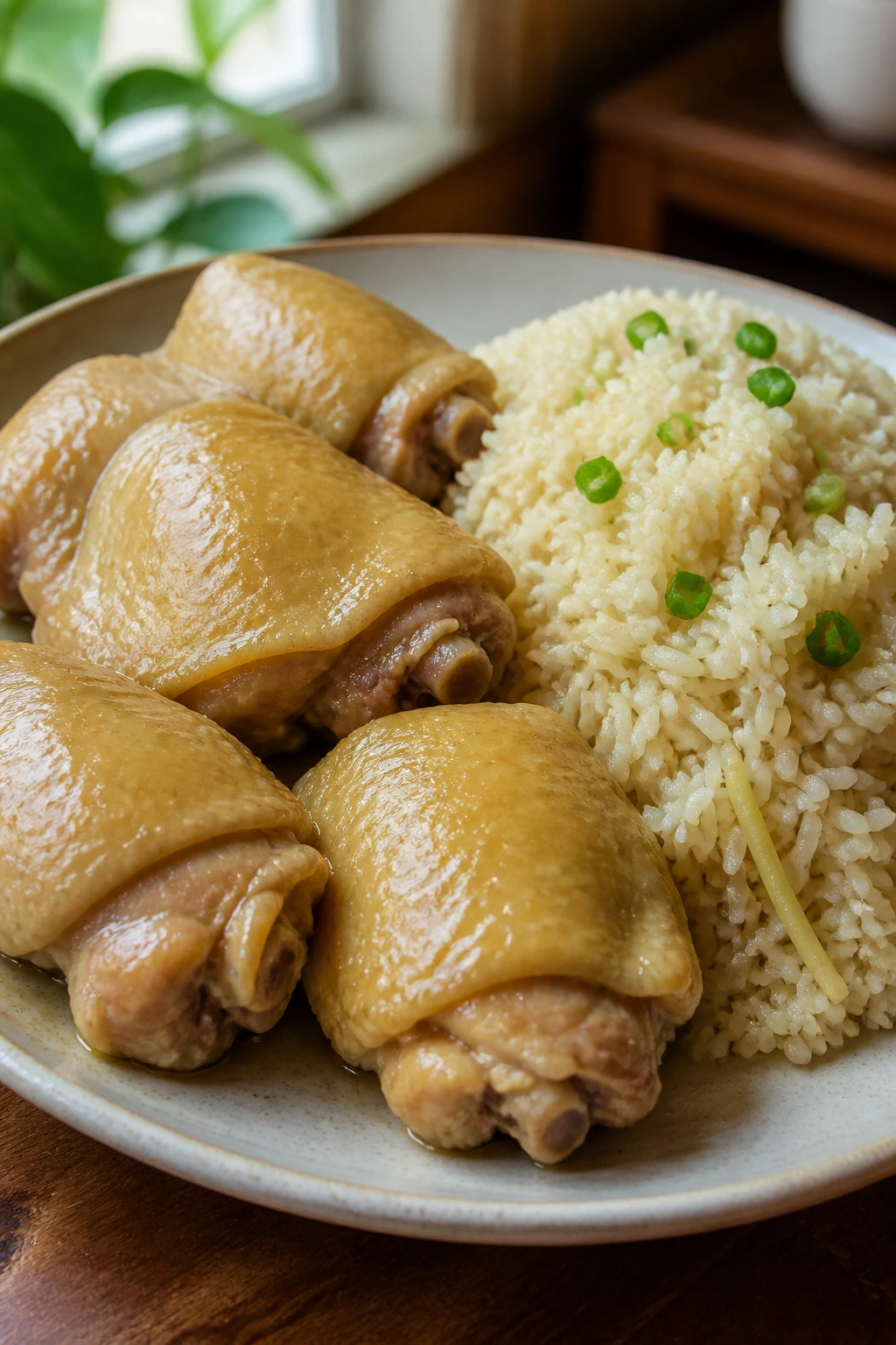Close-up of Hainanese chicken with ginger rice on a plate in a warm kitchen