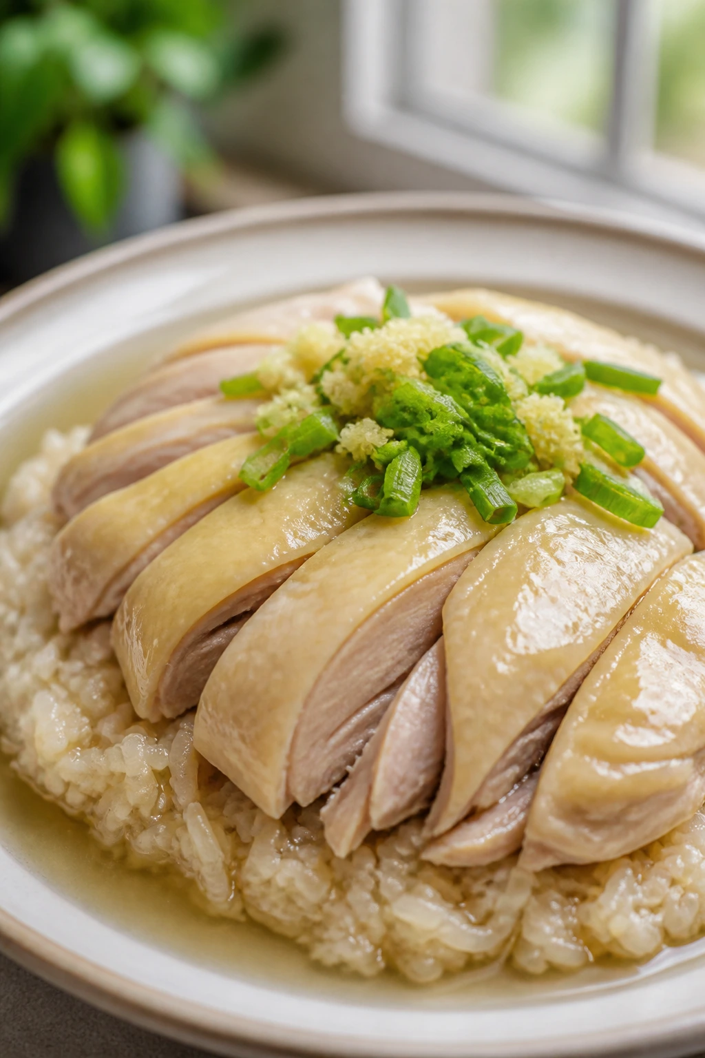Silky poached chicken on fragrant jasmine rice in a cozy kitchen