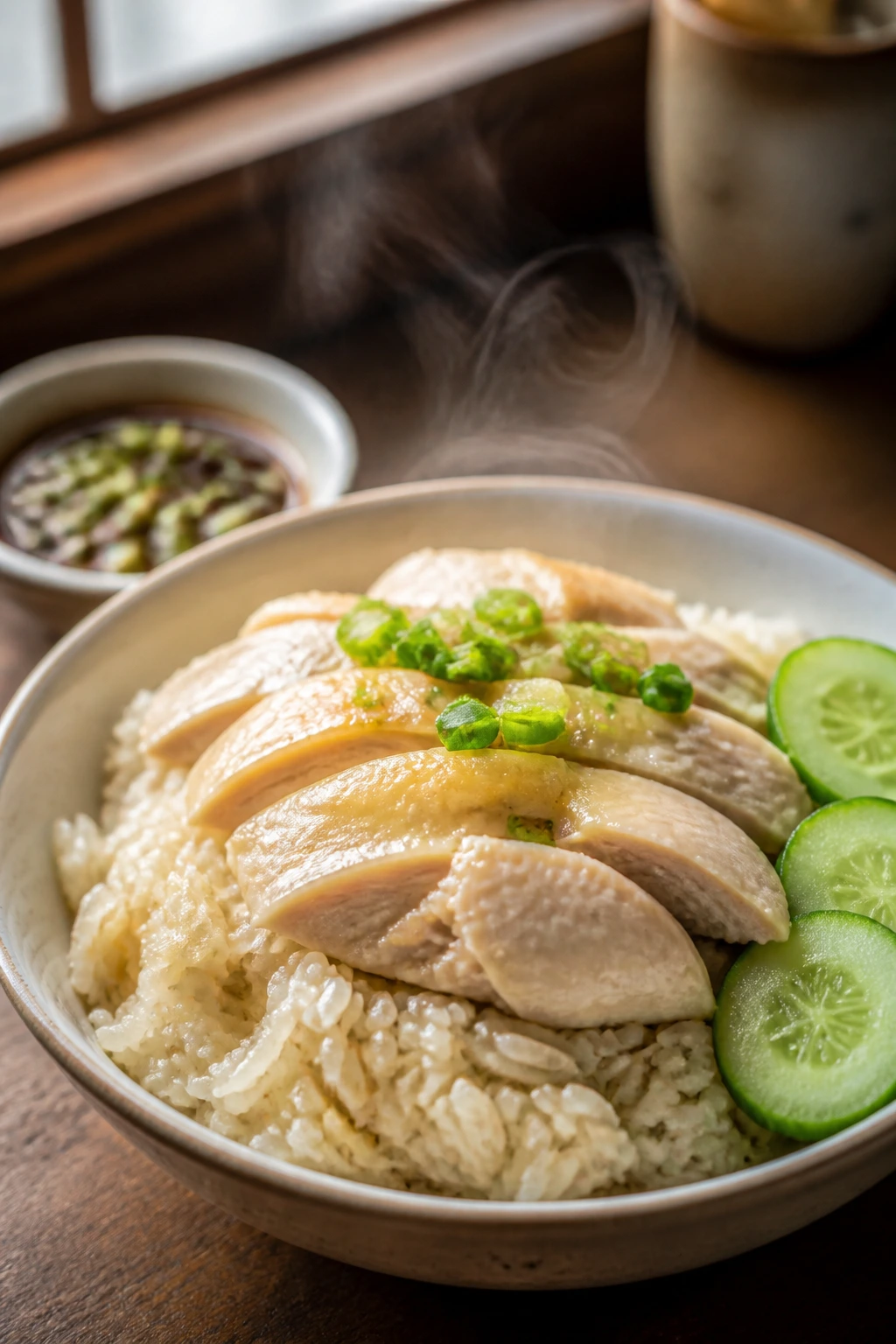 Close-up of Hainanese chicken rice bowl with sliced chicken, rice and cucumber.