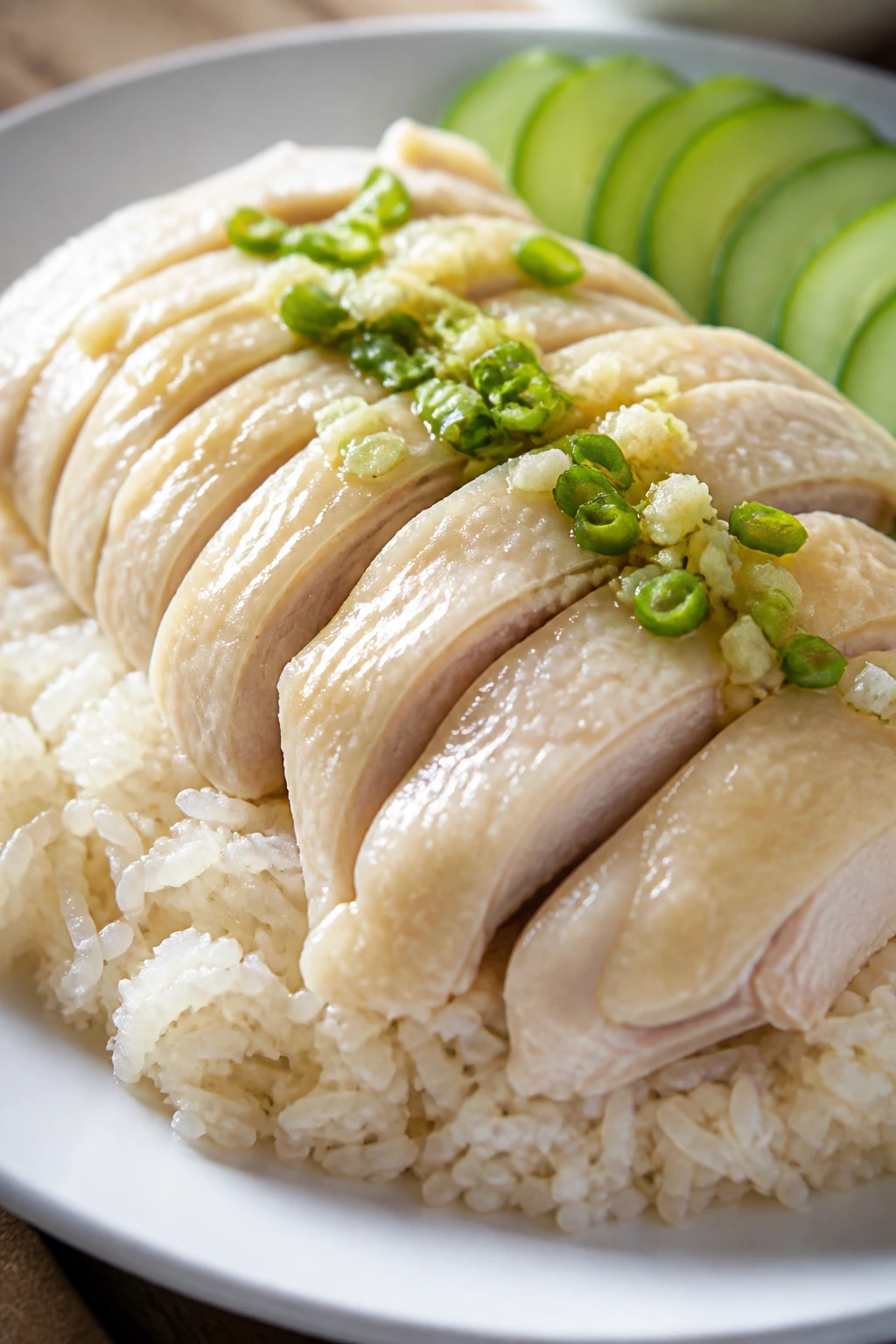 Plate of Hainanese chicken and rice with cucumber in a bright kitchen