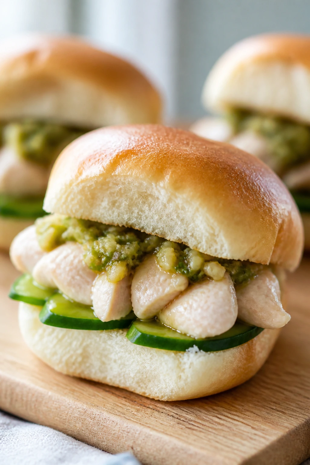 Close-up of pale poached chicken slider with cucumber and ginger-scallion sauce.