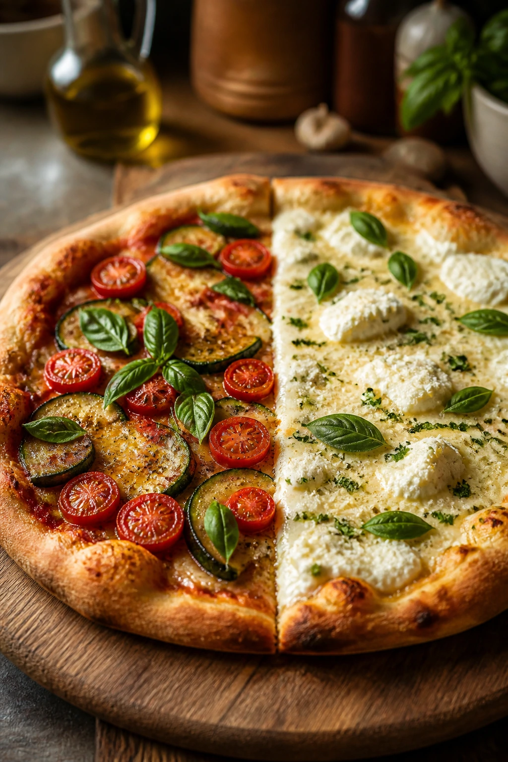 Half-and-half rustic pizza showing garden veg and white herb variations