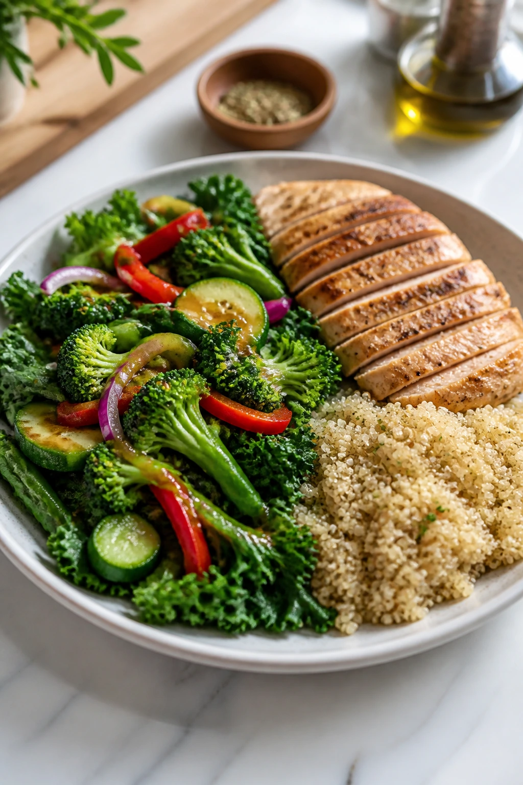 Plate showing half vegetables, quarter protein, quarter starch for balanced meals