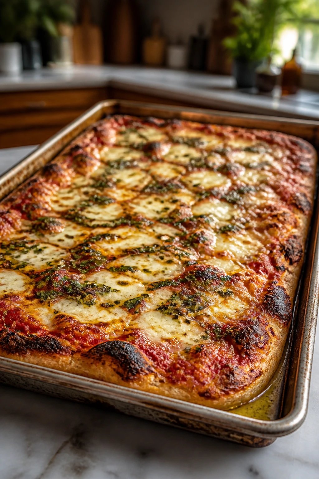 Pan pizza on half-sheet pan in warm kitchen