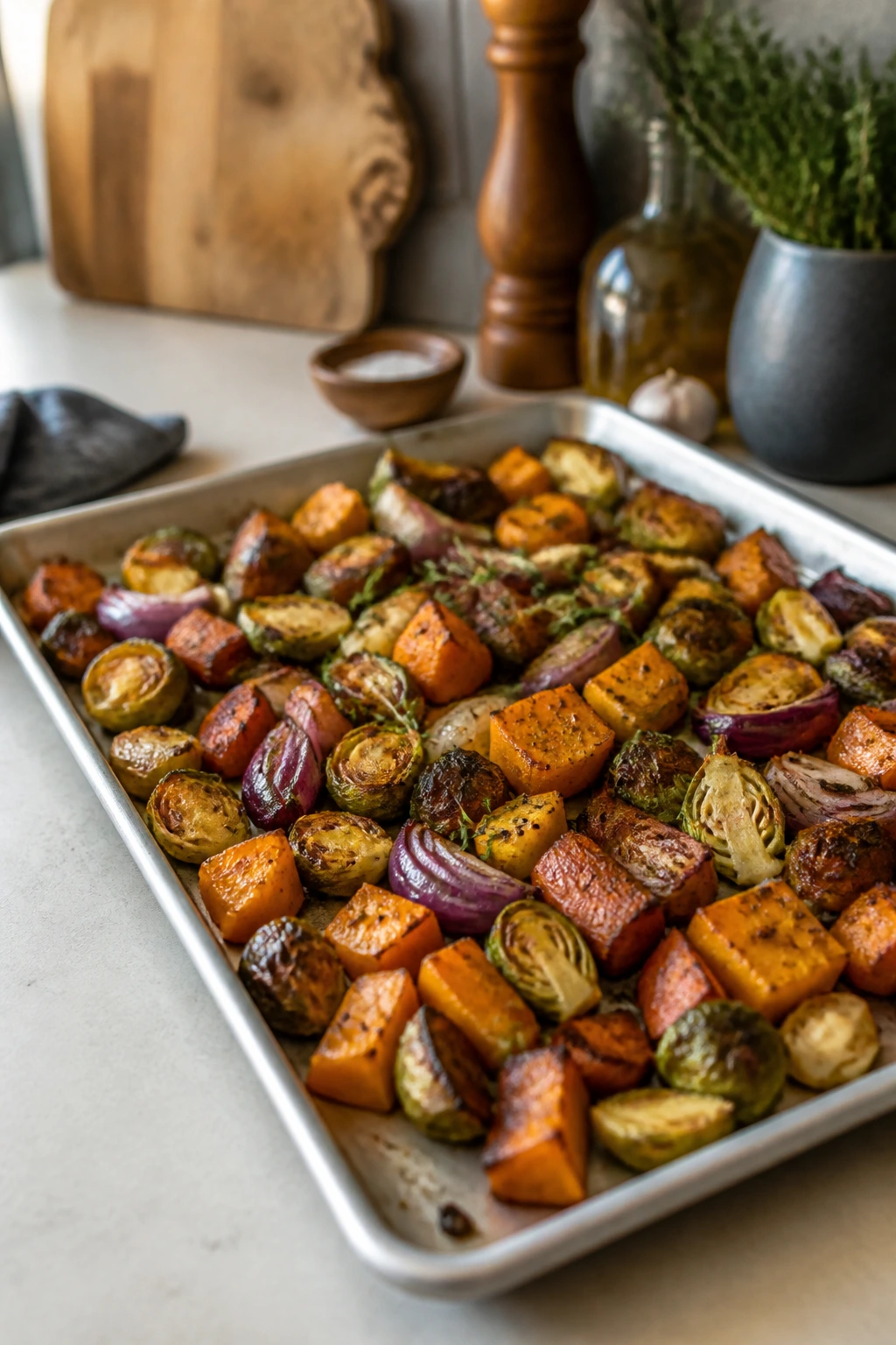 Half-sheet pan with roasted vegetables on kitchen counter