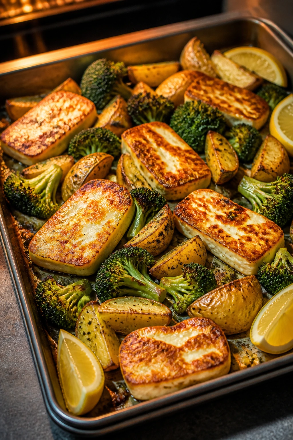 Sheet-pan with halloumi, broccoli, and potatoes roasting to crisp edges