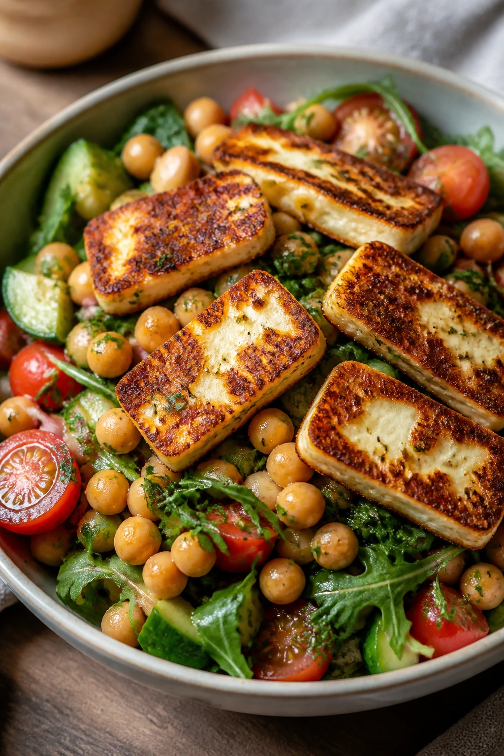 Crispy halloumi with warm chickpeas in a greens bowl