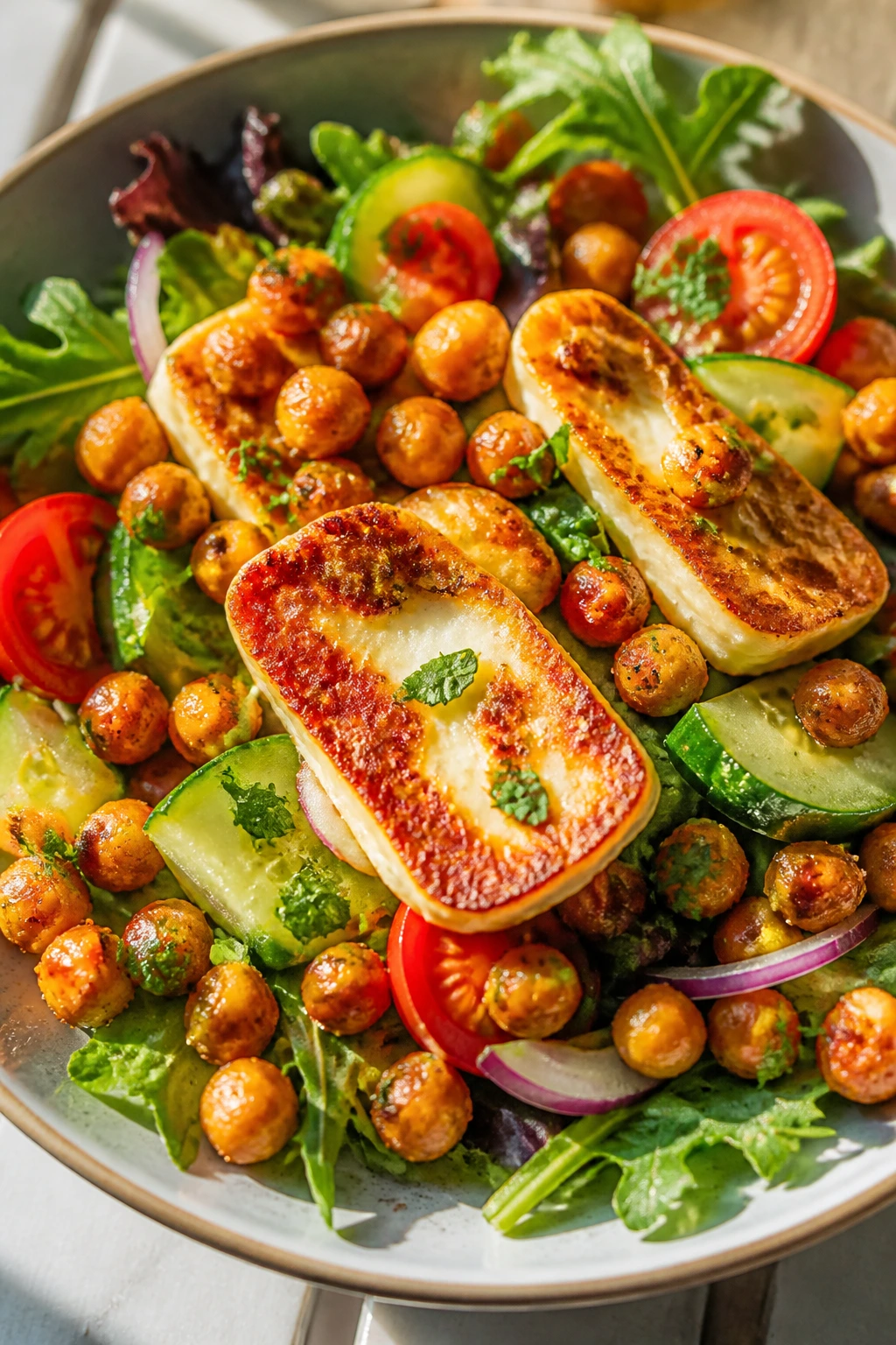 Crispy halloumi and chickpea salad with greens and tomatoes in a bowl
