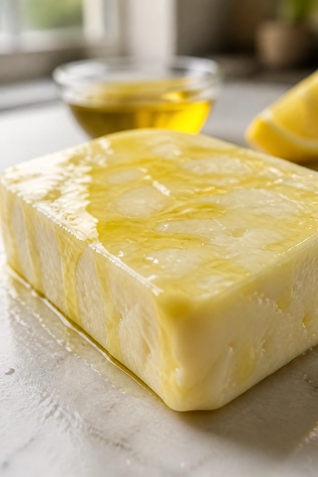 Halloumi slab brushed with oil on a kitchen counter ready to grill