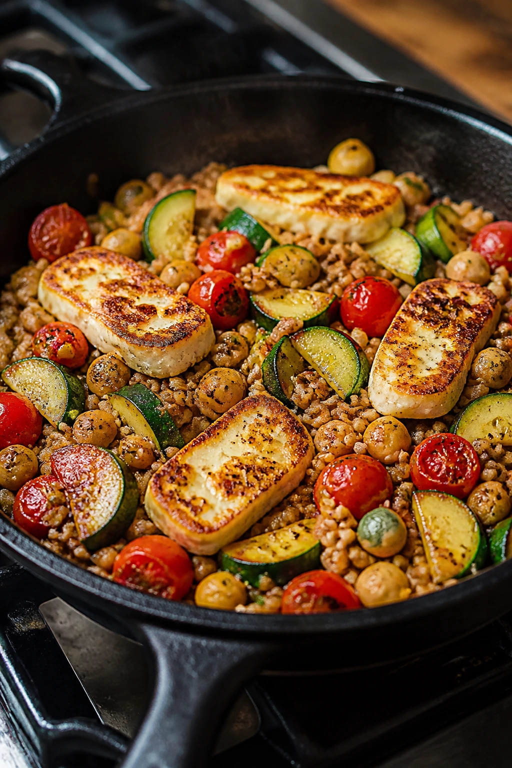 Skillet filled with halloumi, farro, zucchini and tomatoes on a stove