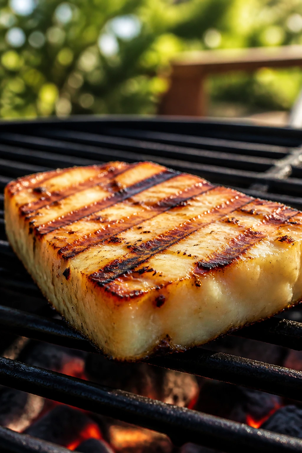 Close-up of halloumi slab browning on a grill in a backyard setting