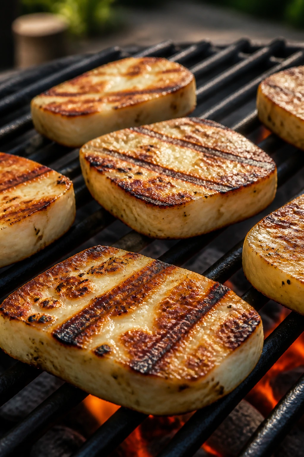 Close-up of halloumi on a hot grill with sear marks in a backyard
