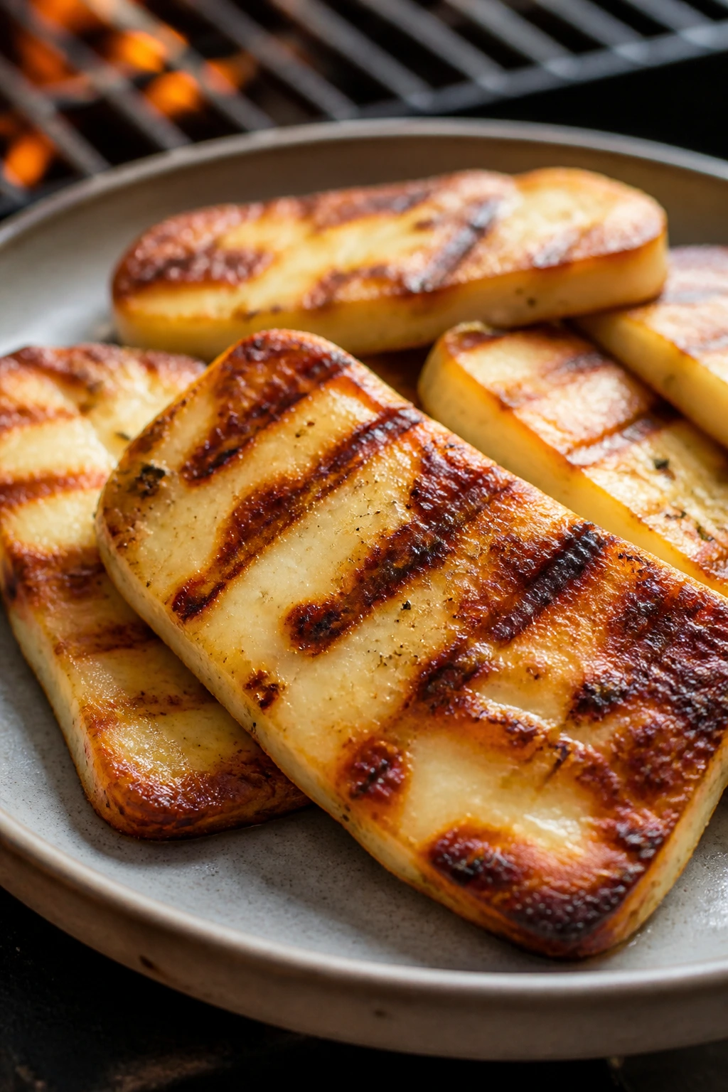 Golden-brown halloumi slices with sear marks.