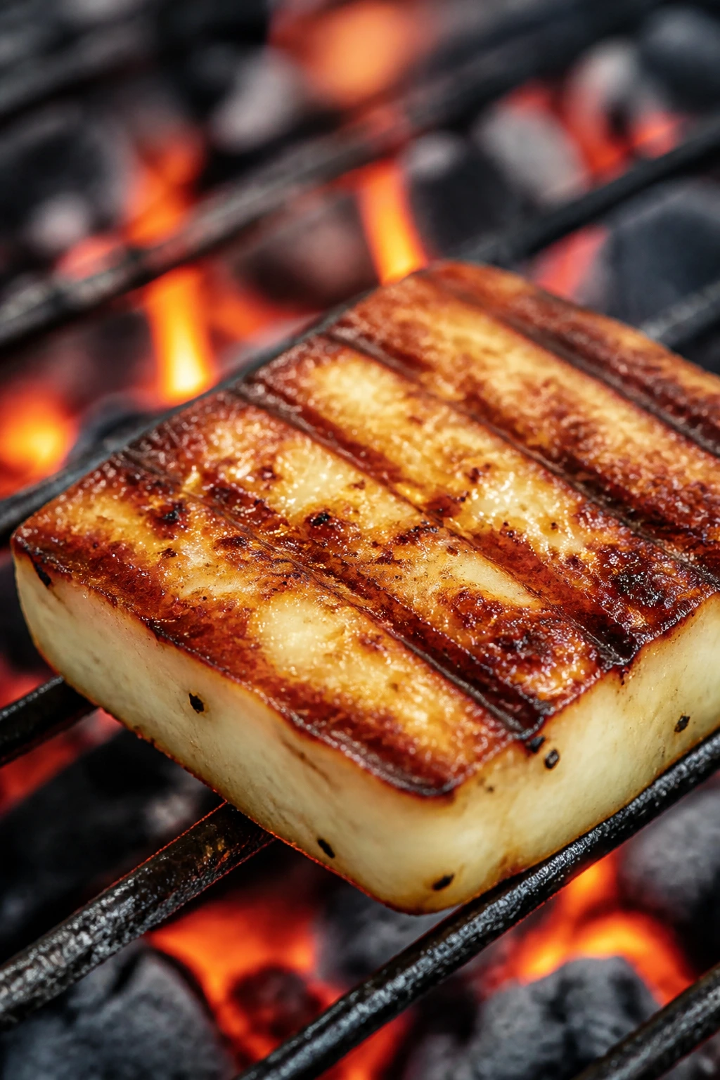 Halloumi browning on grill with embers glow