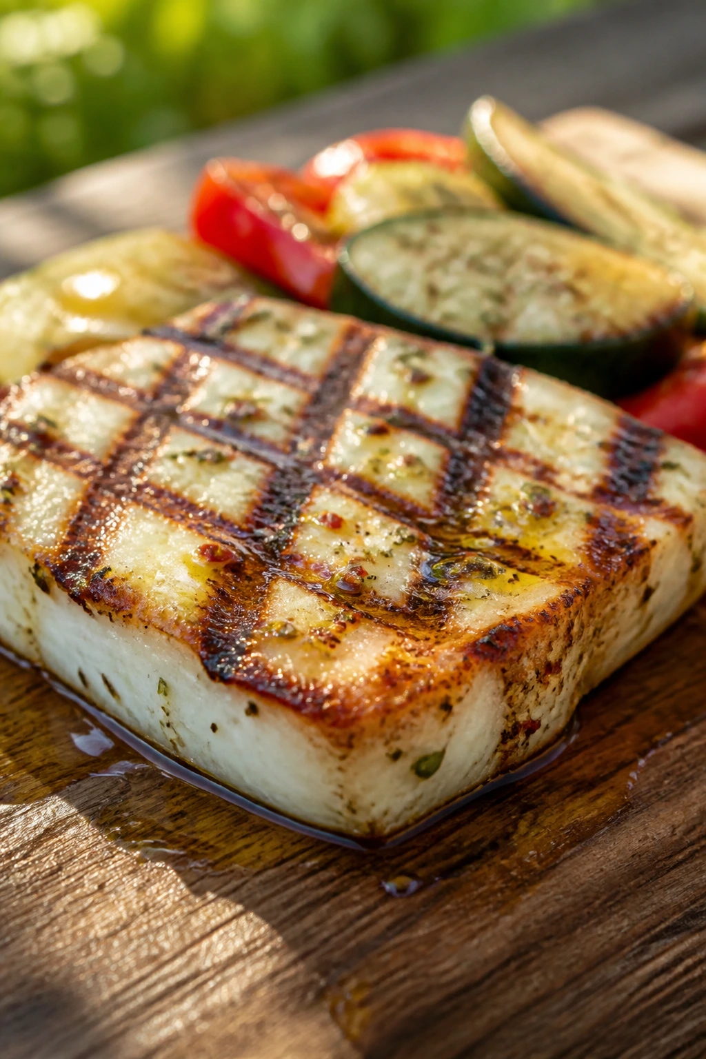 Grilled halloumi slice with grill marks outdoors