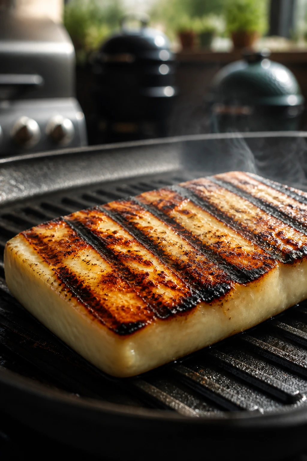 Close-up of halloumi on a grill pan in a kitchen