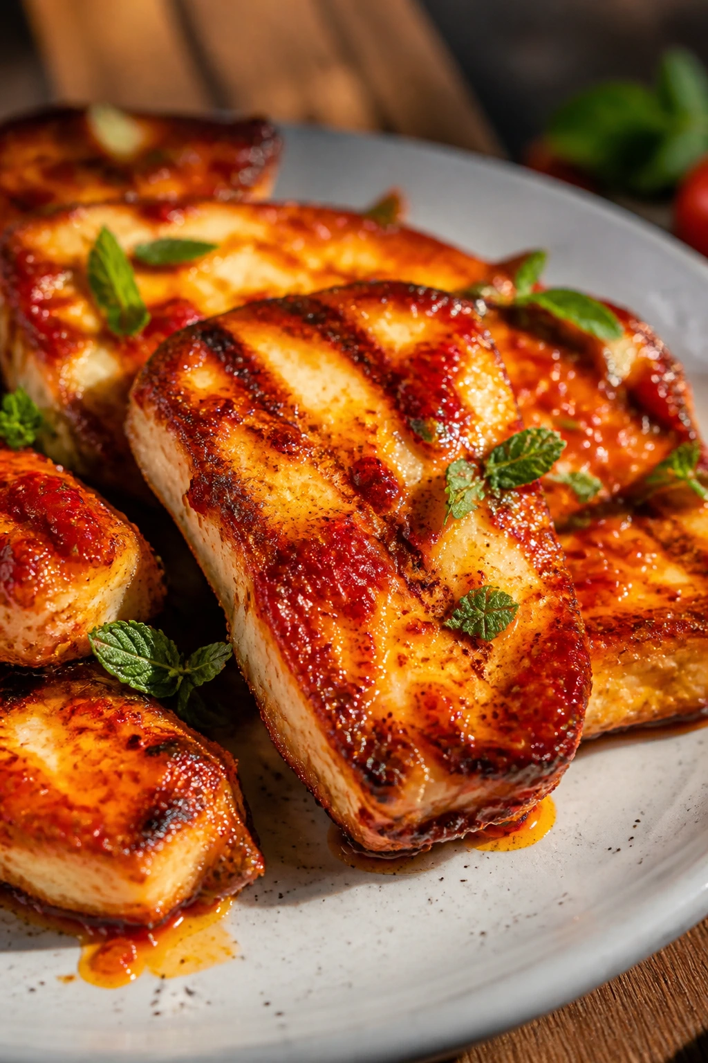 Harissa-glazed halloumi with red glaze and sear marks