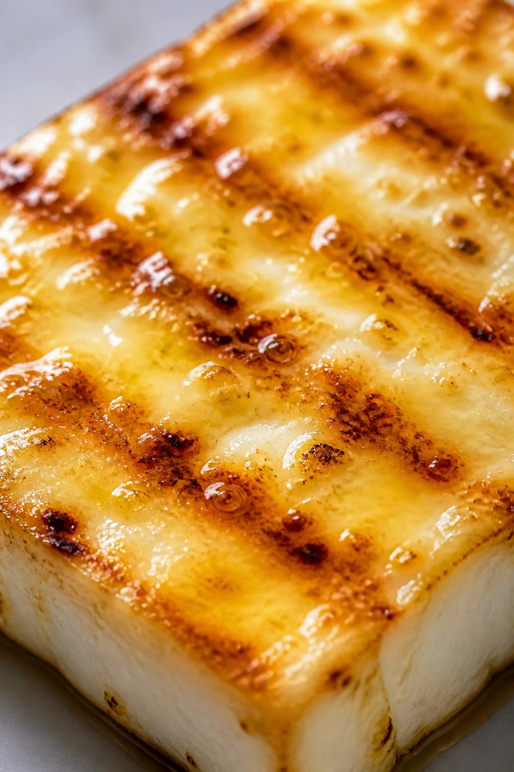 Glossy honey-brushed halloumi close-up